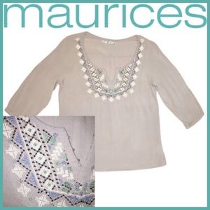 Aztec Beaded & Embroidered Peasant Boho Top Country Blue Gray Maurices Medium